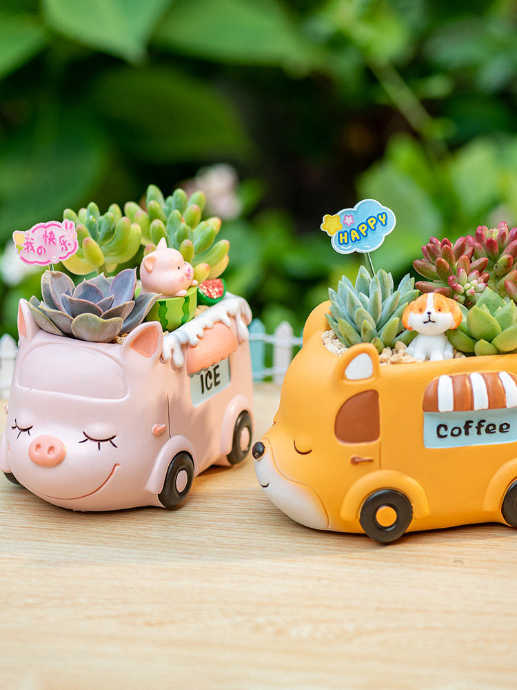 Creative Succulent Flower Pots for Kindergarten Plant Corners, Cute Cartoon Car and Animal Decorations, Gift for Boys